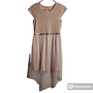 GEORGE, beige & gold, 1/4 sleeve, high-low girl's dress w glitter & sequins. XL
